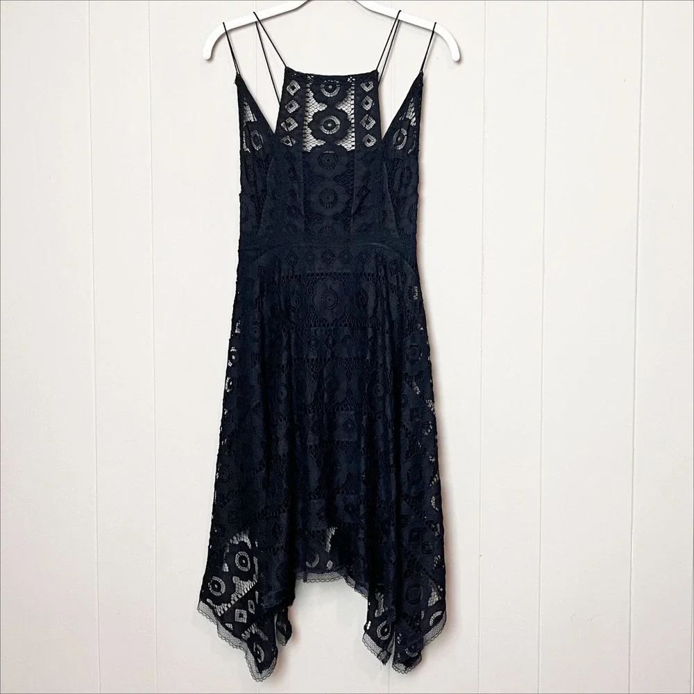 Free People Just Like Honey Black Lace Dress 2 Handkerchief Hem Open Back Midi